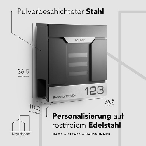 Moderner Briefkasten Anthrazit mit Zeitungsfach - Wandbriefkasten personalisiert - Picture 8 of 12