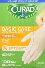 Curad Basic Care Vinyl Exam Gloves Easy Fit 100Ct (1 Box) Size Small/Med