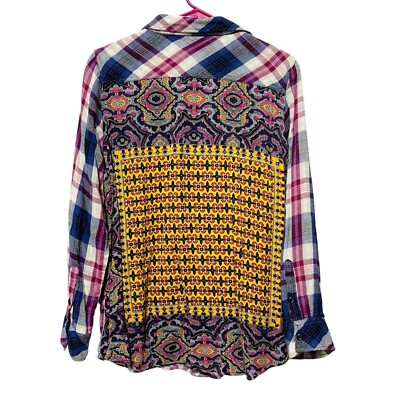 Via Milano Plaid Button Down Shirt Contrast Back Size L  Long Sleeve Top Artsy