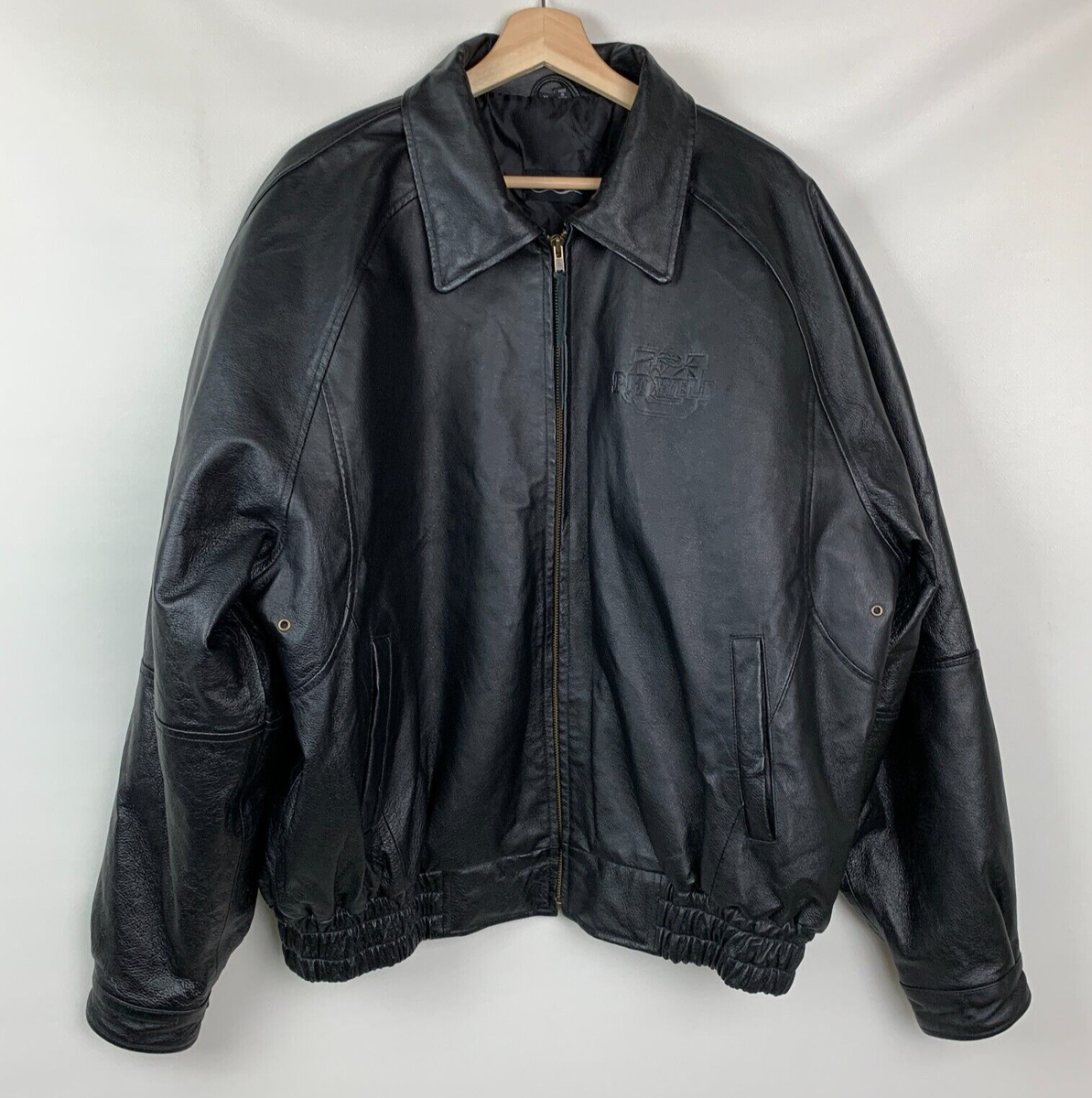 Burk's Bay Bomber Jacket Black Leather Collared Zip Pockets Logo