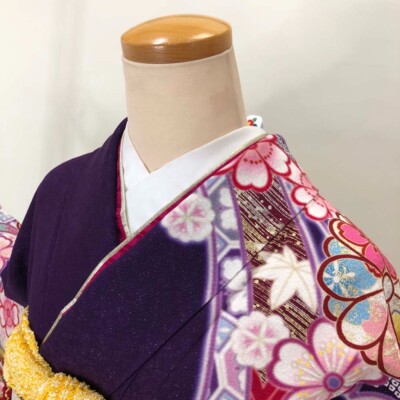Furisode 6-piece set Japanese Kimono purple Classic floral Free