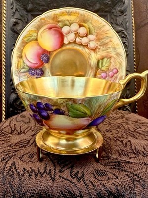 Aynsley Fruit Orchard Signed D Jones Gold Teacup Saucer Set