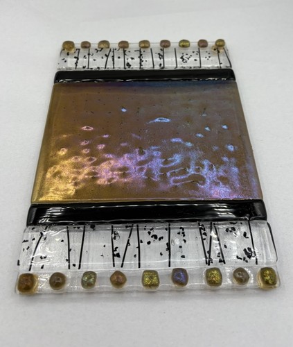 Kathy Hudson Dichroic Iridescent Gold Dots Speckle Fused Art Glass Tray Plate 8"