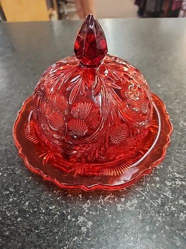 Vintage Mosser Glass Inverted Thistle Red Domed shaped Covered Butter Dish
