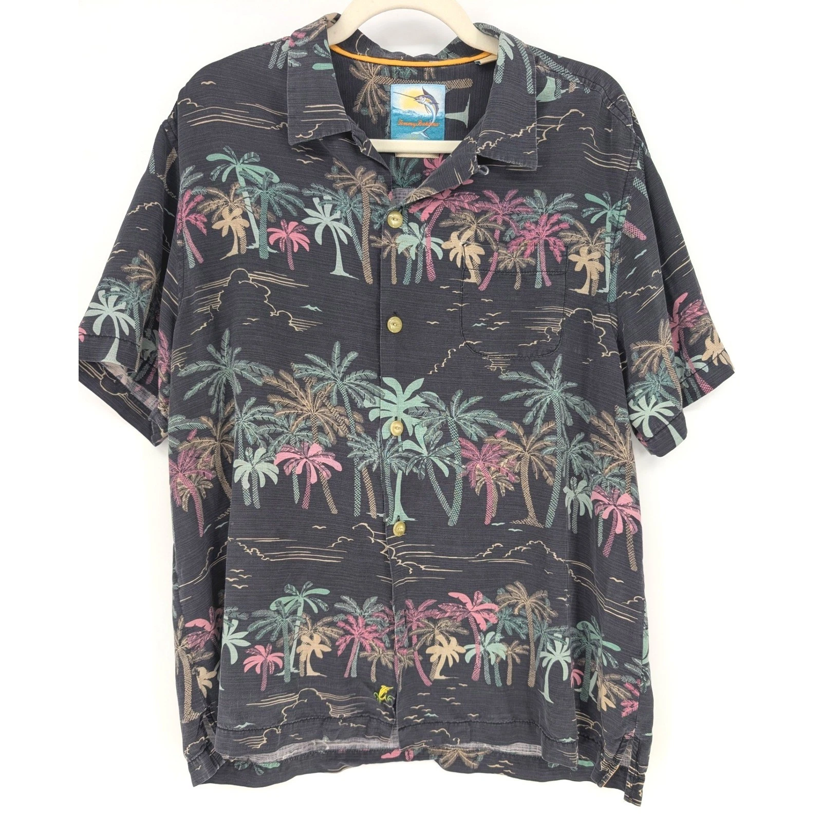 Tommy Bahama Silk Palm Tree Hawaiian Shirt Mens Large Black Island Modern Fit