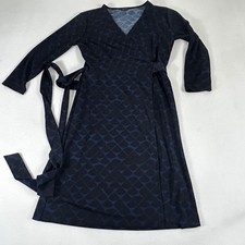 Ann Taylor Navy Blue Black Geometric Fan Print Wrap Dress Long Sleeve Size 0
