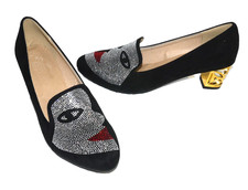 Black textile pumps high heel shoes with tiny rhinestone face bling size 47 NEW