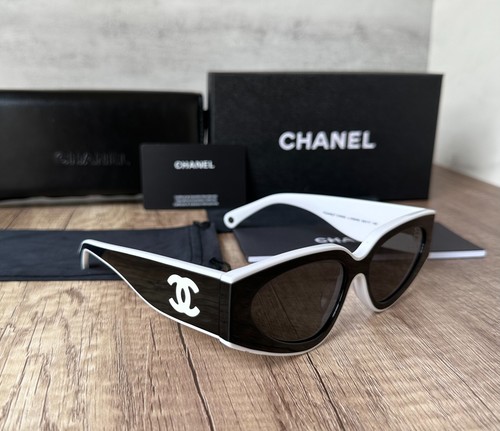CHANEL SUNGLASSES BLACK WHITE FRAME 100% AUTHENTIC CLASSIC 6056 CAT EYE WOMEN