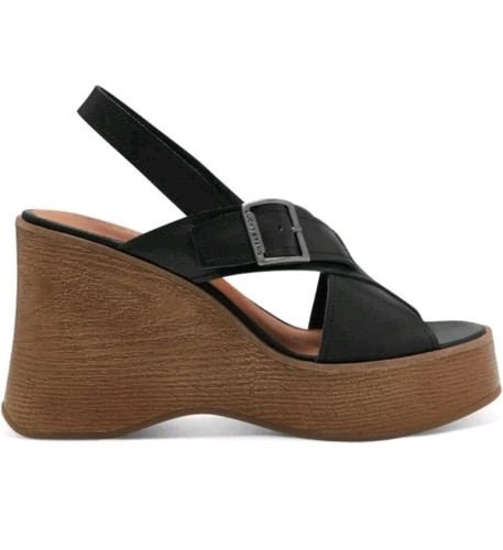 Lucky Brand Delaynee Platform Wedge Slingback Sandal Black Leather Size 8M New - Picture 1 of 10