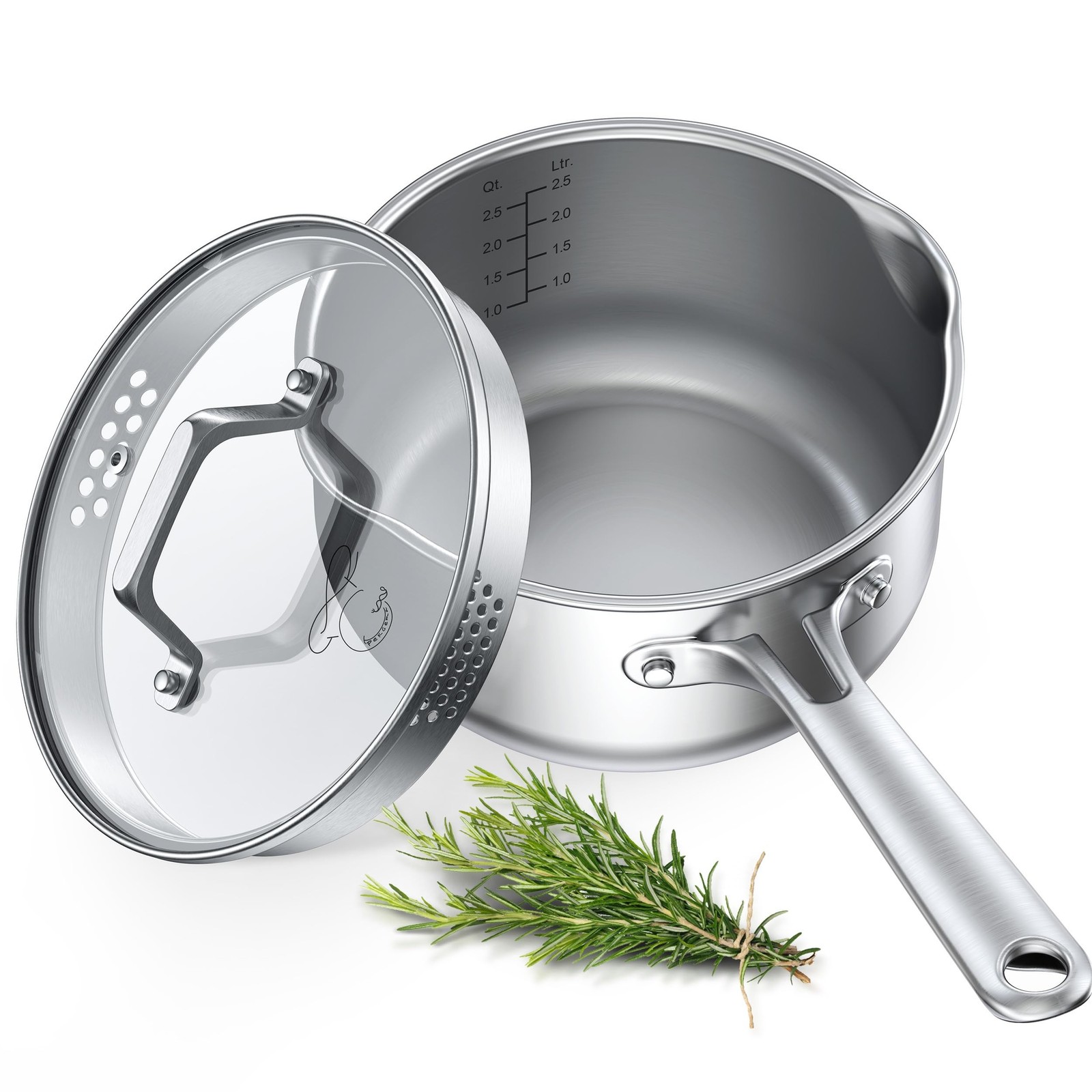 PekGema 3QT Saucepan w/Glass Strainer Lid, Tri-Ply Stainless Steel 3 Quarts