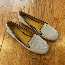 Tory Burch Samantha Smoking Slipper Leather Flats Round Toe Logo Beige/Black 7M