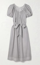 DÔEN Juno Brighton Stripe Midi Dress, Puff Sleeve Belted Cotton, XS NWOT
