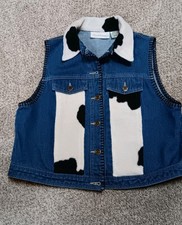 Women's SUSAN BRISTOL Blue Denim VEST SZ PL Cow Print Panels Front Collar Back