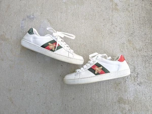 Gucci Ace Baskets Homme US 7 Bee Blanc Cuir Chaussures Bas 429446 Designer
