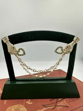 Vintage Gold-tone Hands Sweater Clip Rhinestone Beaded Chain