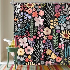 Black Dark Floral Flowers Watercolor Plants Art Bathroom Shower Curtain Set