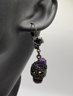 Betsey Johnson Skull Earrings Gunmetal Purple Halloween Skeleton Goth