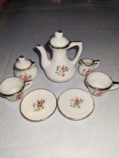 Vintage Dollhouse Miniature Porcelain Tea Set 7 pcs Floral Design Gold Accents
