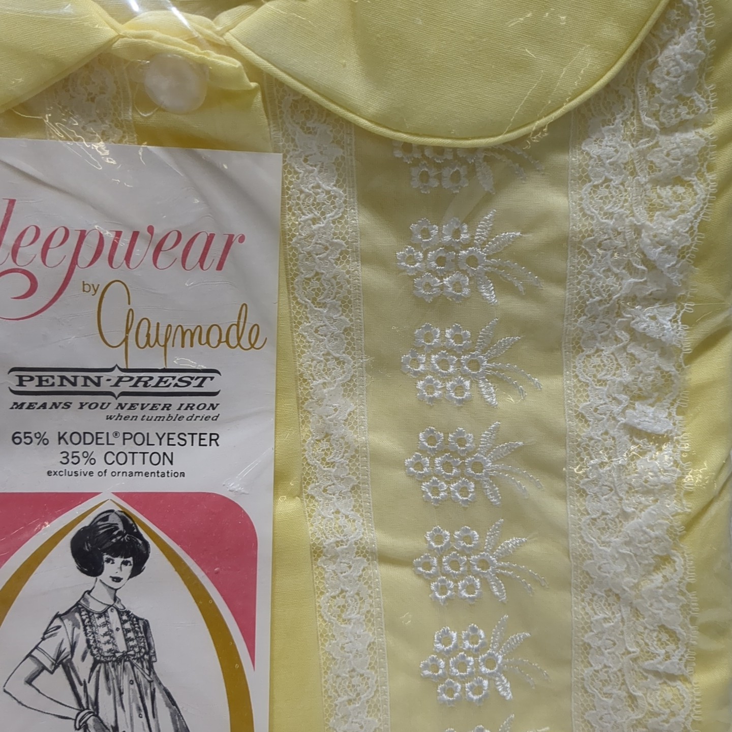Vtg Gaymode Pajamas Set Yellow Lace Trim Penn Pre Kodel Polyester NOS M Penneys