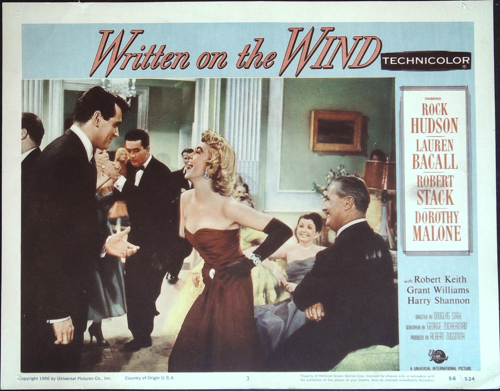 Wind Lobby Example Written on the Wind Lobby Card #3 (1956) Rock Hudson Memorabilia