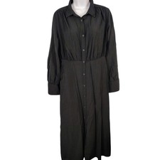Womens M A New Day Button Down Midi Shirt Dress Black Textured Dark Academia