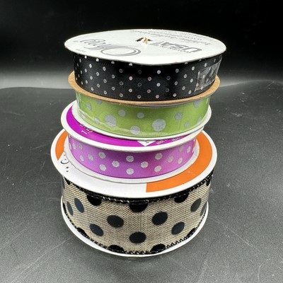 Celebrate It Polka Dot Ribbon Purple Green Black Tan Lot of 4 Offray Ribbon Roll
