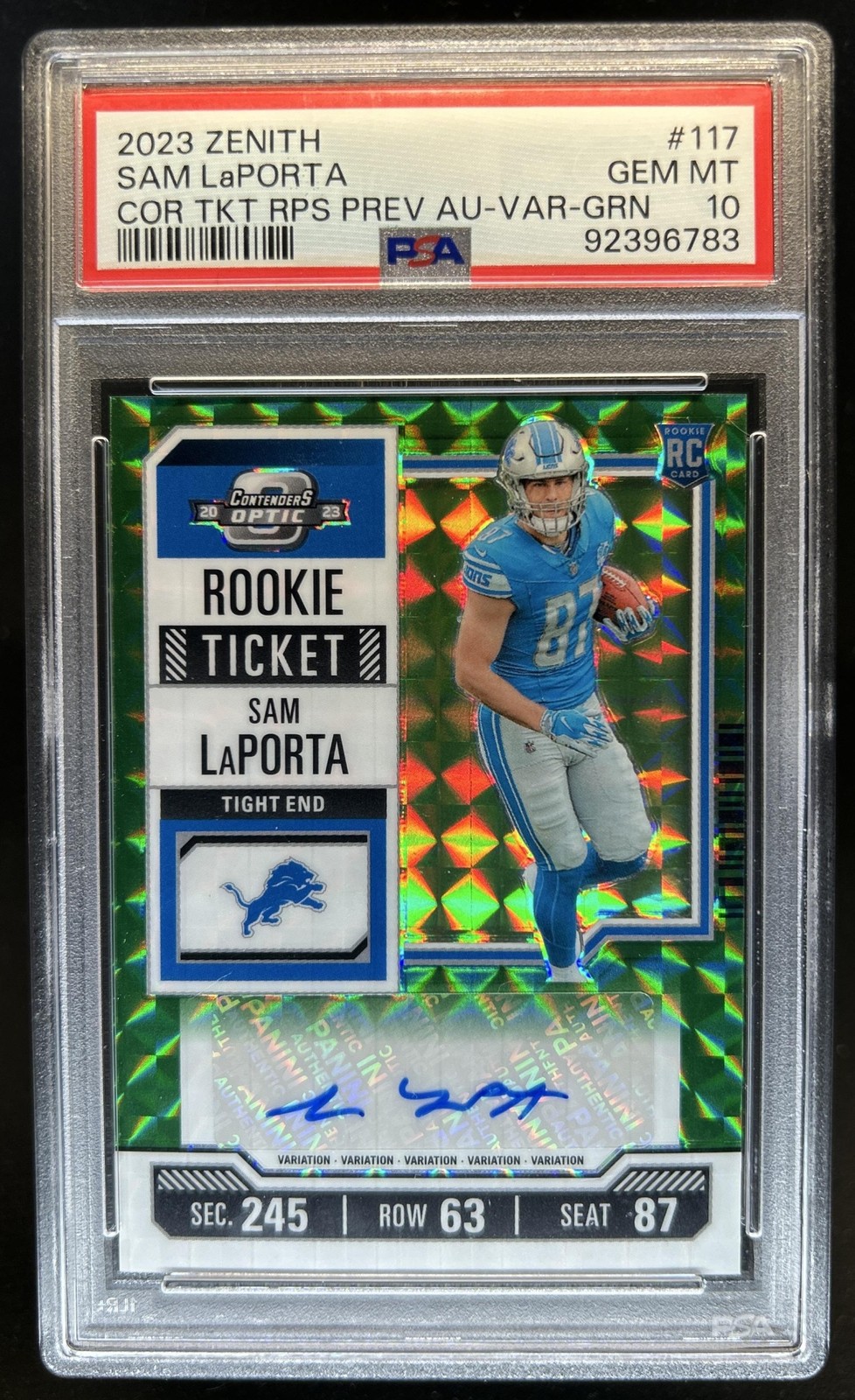 Sam LaPorta Panini Zenith Contenders Optic Rookie Ticket Rps Preview Autographs #117 Green