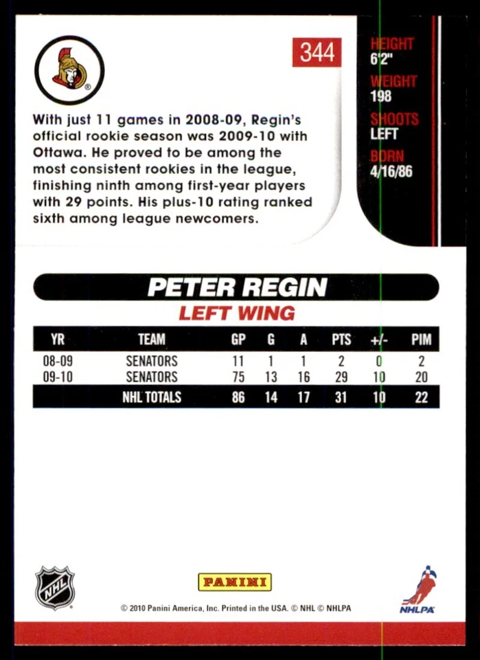 2010-11 Score Peter Regin Ottawa Senators #344 - Image 2 of 2