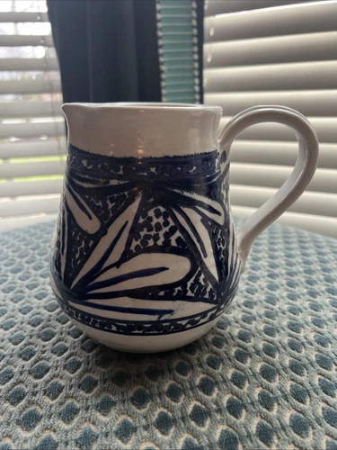 Vintage Handmade Glazed Pottery Blue Creamer Blue 7” Medium Signed Pitcher