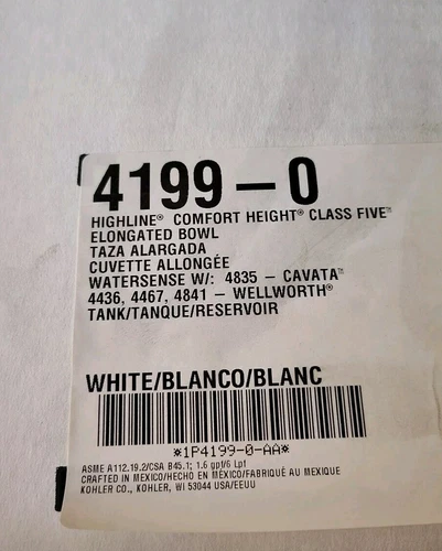 Kohler Highline Comfort Height White Toilet Bowl Elongated 4199-0