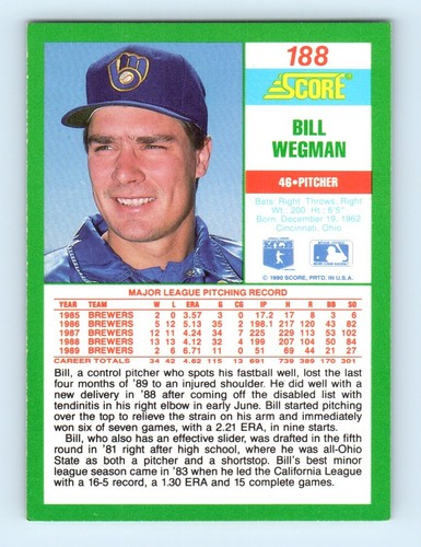 1990 Score Bill Wegman Milwaukee Brewers #188 - Picture 2 of 2