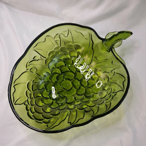 Vintage Indiana Glass Grape Shaped Green Glass Fruit Serving Bowl Grape Embossed