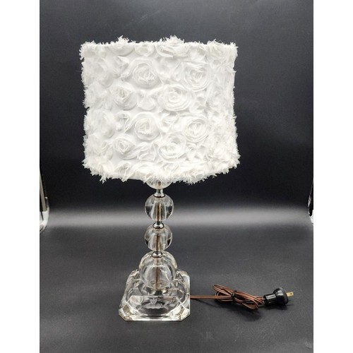 Vtg 50s Floral Glass Table Lamp Etched Lamp With White Fabric Floral Lamp Shade - Picture 4 of 10