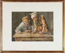 Francois Edmond Favre - Framed Early 20th Century Watercolour, Counting the Rent