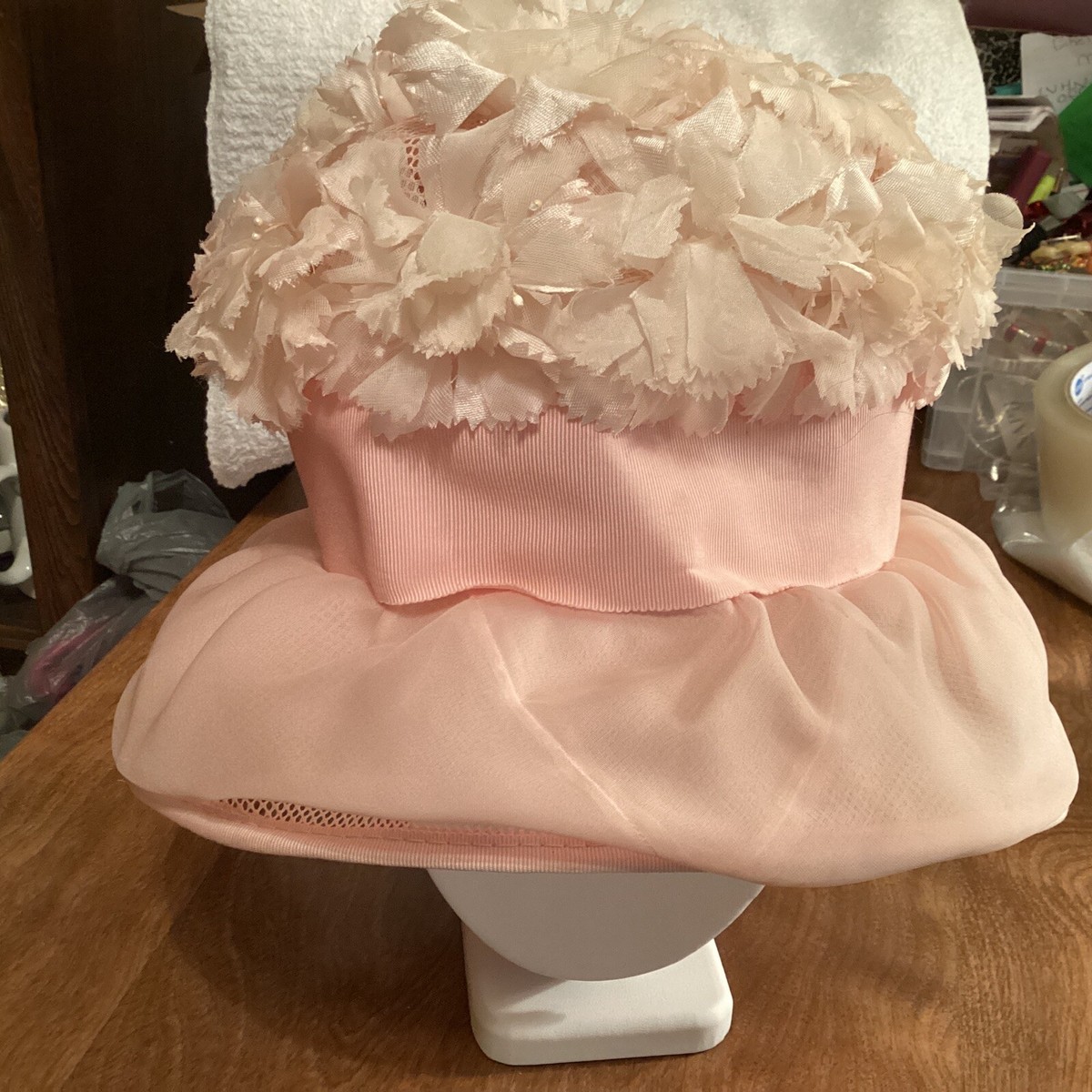 Vintage 1950s-60s Pink Floral Mesh Brimmed Church Hat | eBay display picture 1