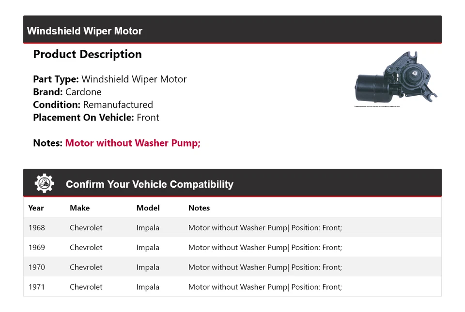 For 1968-1971 Chevrolet Impala Windshield Wiper Motor Front Cardone 1969 1970 - Image 2 of 4