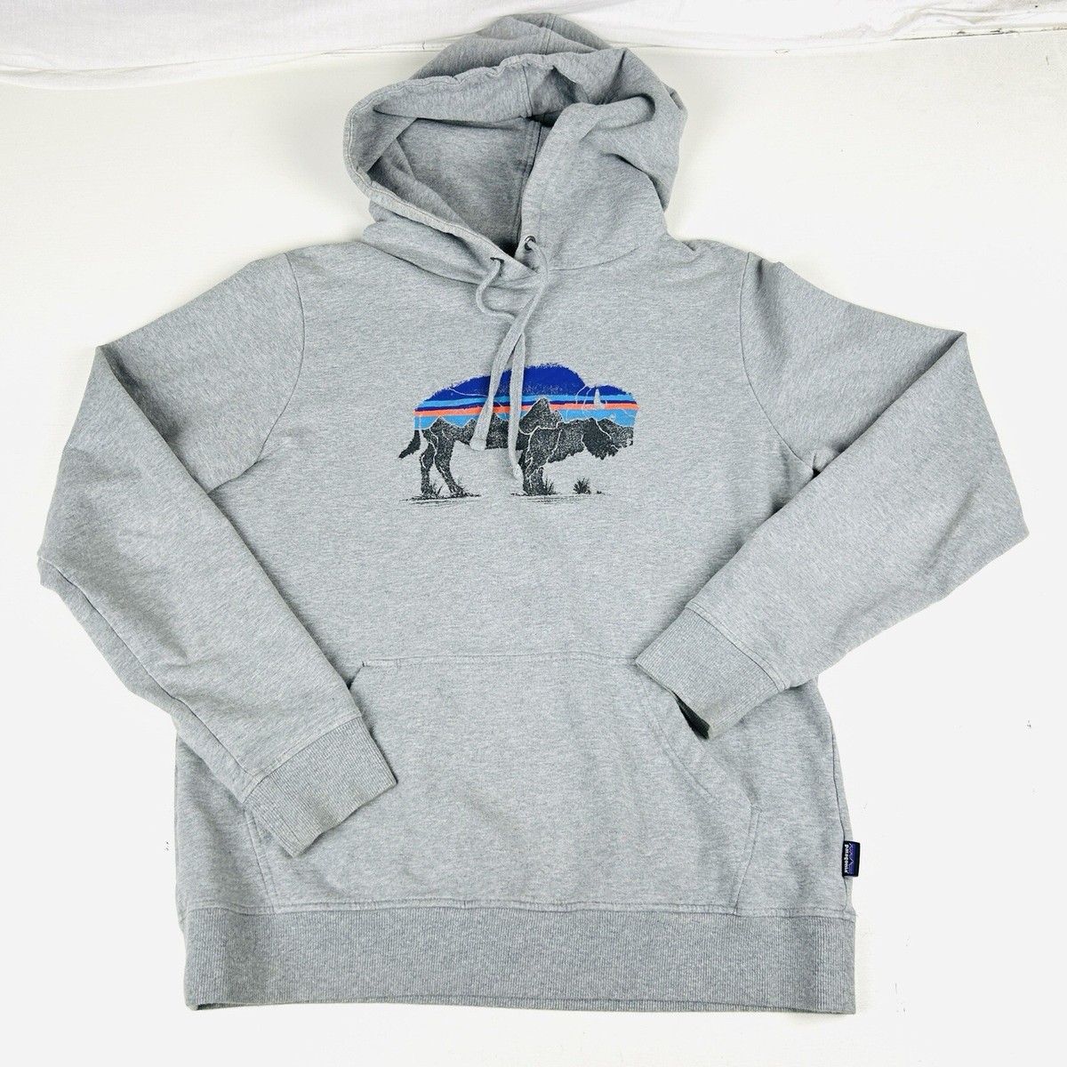 Patagonia Buffalo Bison Hoodie Sweatshirt Sz Medium Gray Pockets