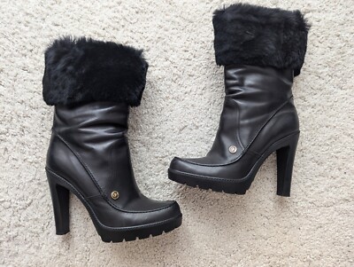 Christian Dior CD Logo Ankle Fur Bootie Leather Heels Boots Black