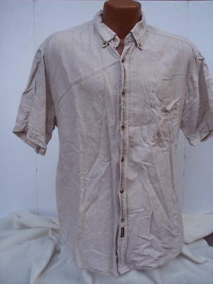 DOCKERS Mens Shirt Sz L Beige White Checks Linen Blend Short Sleeve Button Front