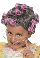 Old Lady Wig with Curlers Gray Hair Child Aunt Gertie Costume Girls Kids Short