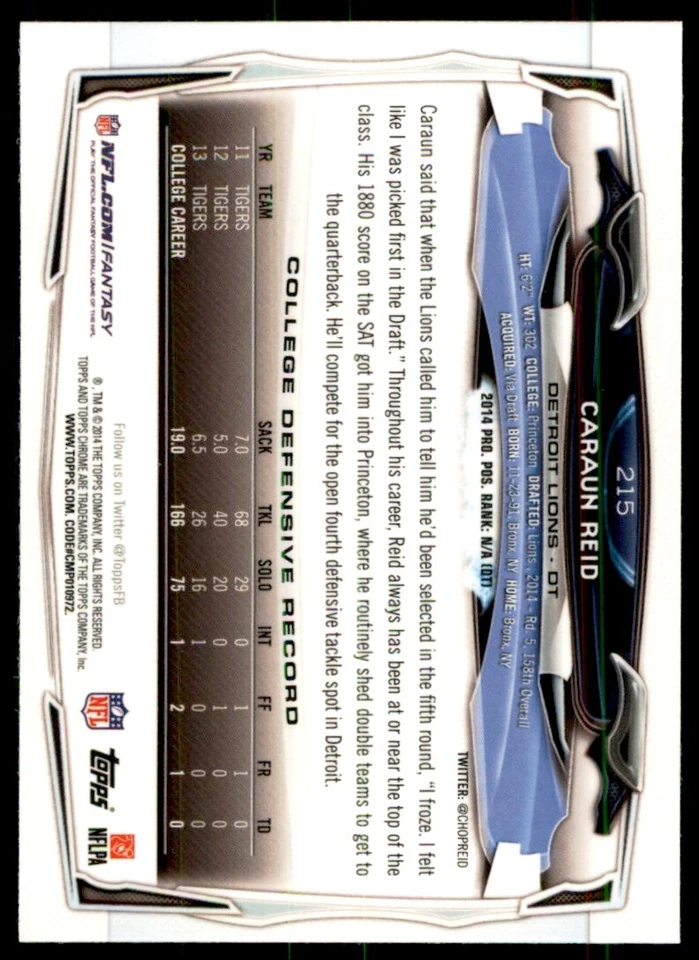 2014 Topps Chrome Caraun Reid B Football Cards #215 - Image 2 of 2