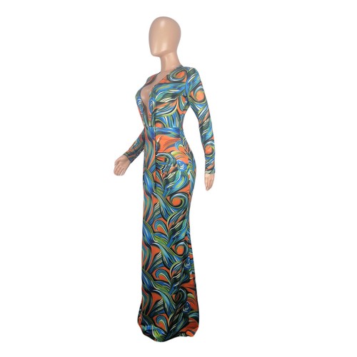 NEW Women Stylish Long Sleeve Deep V Neck Multicolor Print Club Party Maxi Dress - Picture 7 of 9