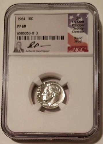 1964 Roosevelt Dime Proof PF69 NGC David Motl Signed