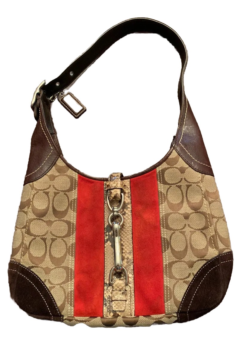 COACH PYTHON Signature STP MED HOBO Purse RED Stipe Suede Trim 