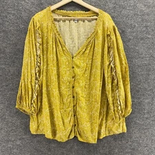 Cato Blouse Women 22/24W Plus Yellow Floral V-Neck 3/4 Sleeve Button Up Rayon