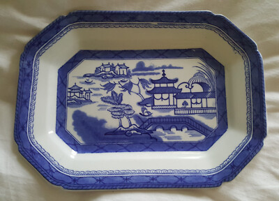 Antike Ashworth Bros Real Old Canton Blau & Weiß Eisenstein Platte 27,5 x 20 cm