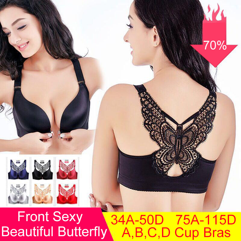 Women Cotton Beauty Back Bra Front Closure Butterfly Brassiere Backless  Bralette Breast Seamless Underwear Black 80B 