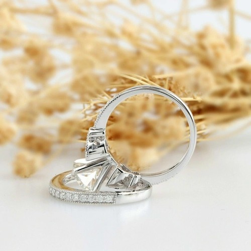 1.30 Ct Round Lab Created Diamond Engagement Wedding Bridal Set Ring 925 Silver - Picture 7 of 11