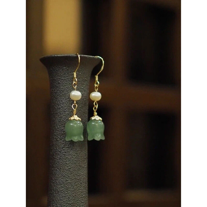Pendientes colgantes de perlas con flor de jade lirio verde natural para mujer regalo Foto 3 de 4