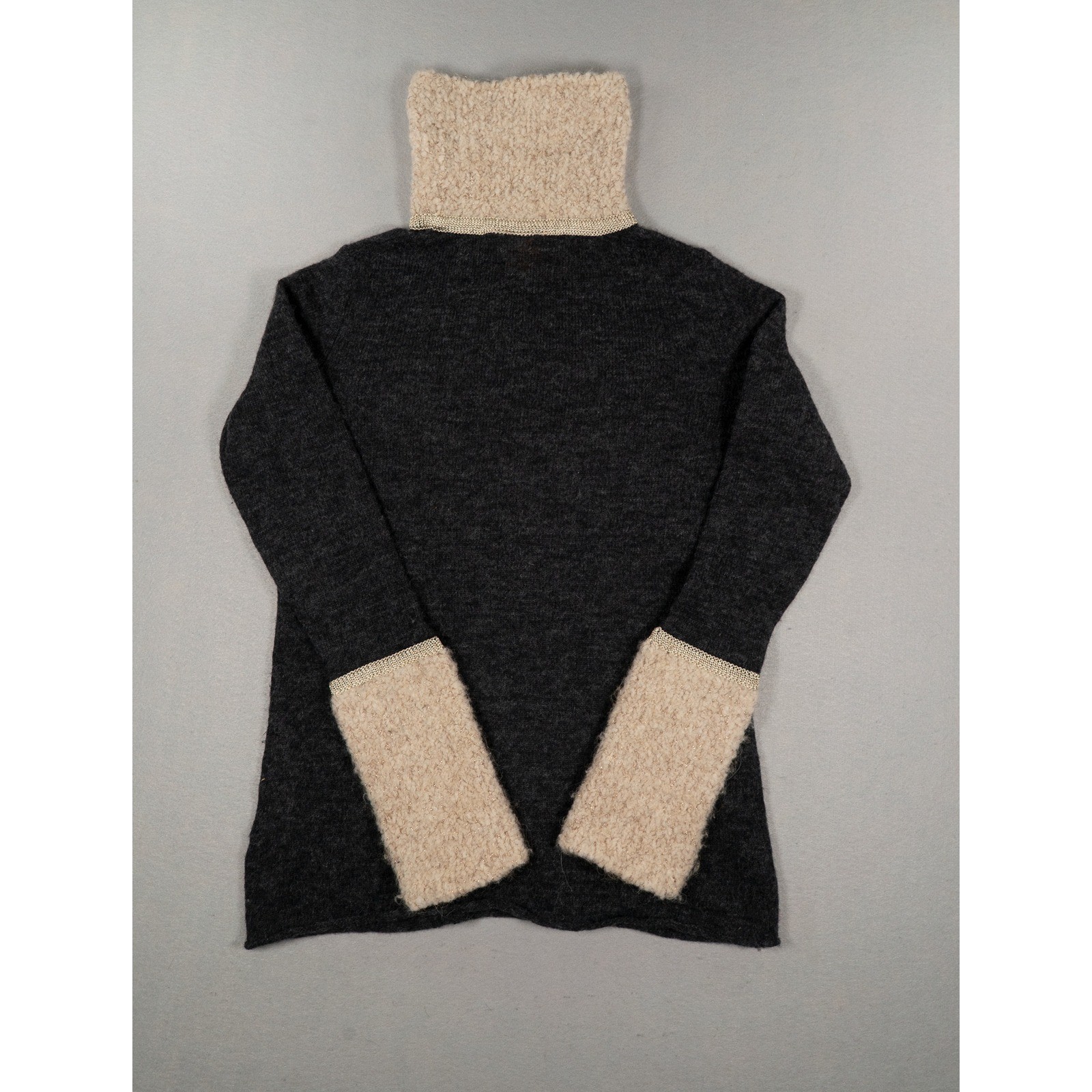 Tory Burch Alpaca Wool Blend Turtleneck Sweater Gray Beige Metallic Cuffs XS image 4